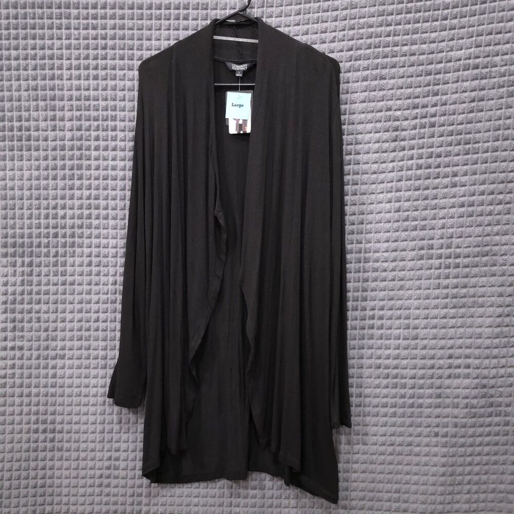 Soft Thin Knit Cardigan Sweater SzLg Black Long Waterfall Stretch Duster Tunic